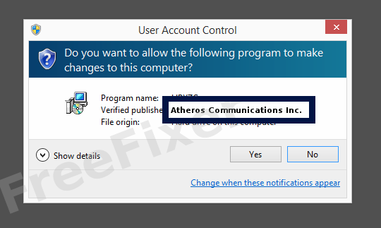 Screenshot where Atheros Communications Inc. appears as the verified publisher in the UAC dialog